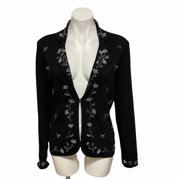 BCBGMAXAZRIA Large  Black Beaded Button Front Dressy Cardigan Sweater SIZE LARGE - Picture 2 of 9